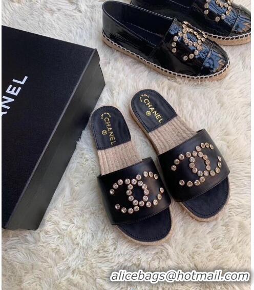 Best Price Chanel Leather Crystal CC Slider Espadrilles Sandals C81562 Black 2020