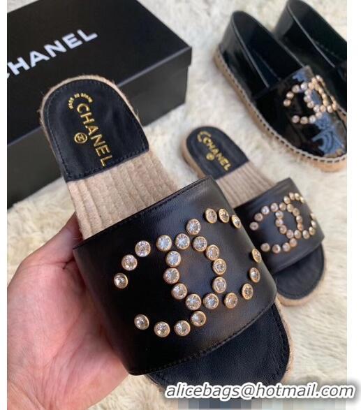 Best Price Chanel Leather Crystal CC Slider Espadrilles Sandals C81562 Black 2020