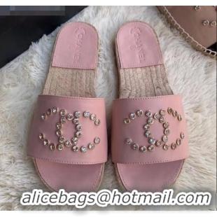 Duplicate Chanel Leather Crystal CC Slider Espadrilles Sandals C81562 Pink 2020