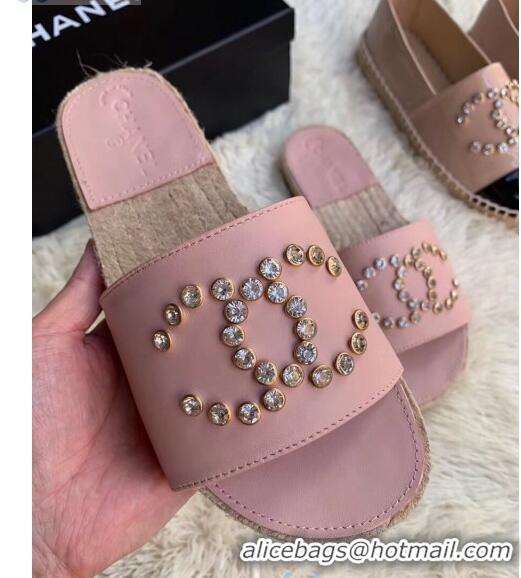 Duplicate Chanel Leather Crystal CC Slider Espadrilles Sandals C81562 Pink 2020