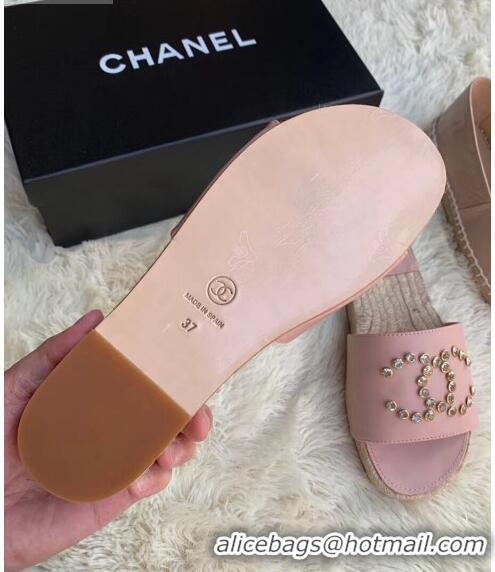 Duplicate Chanel Leather Crystal CC Slider Espadrilles Sandals C81562 Pink 2020