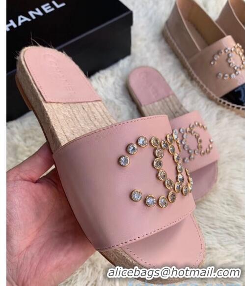 Duplicate Chanel Leather Crystal CC Slider Espadrilles Sandals C81562 Pink 2020