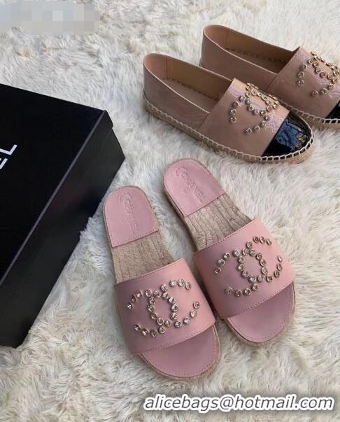 Duplicate Chanel Leather Crystal CC Slider Espadrilles Sandals C81562 Pink 2020