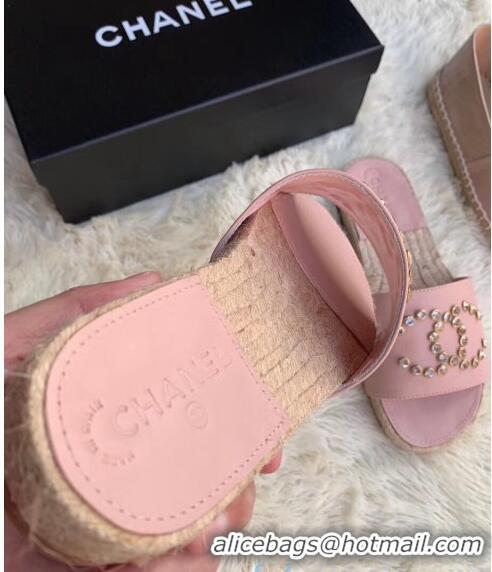 Duplicate Chanel Leather Crystal CC Slider Espadrilles Sandals C81562 Pink 2020