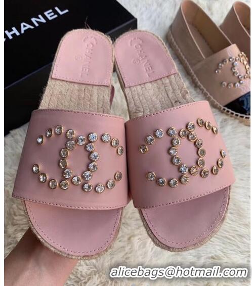 Duplicate Chanel Leather Crystal CC Slider Espadrilles Sandals C81562 Pink 2020