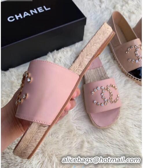 Duplicate Chanel Leather Crystal CC Slider Espadrilles Sandals C81562 Pink 2020