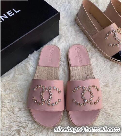 Duplicate Chanel Leather Crystal CC Slider Espadrilles Sandals C81562 Pink 2020