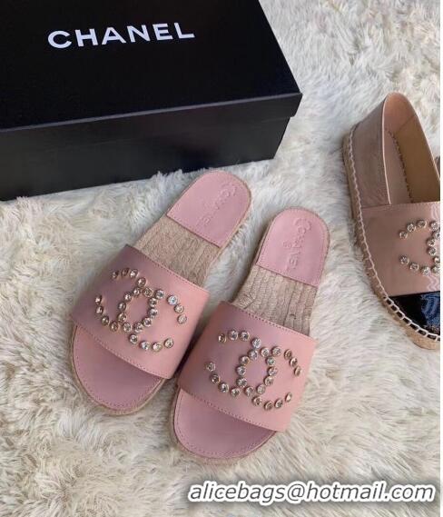 Duplicate Chanel Leather Crystal CC Slider Espadrilles Sandals C81562 Pink 2020