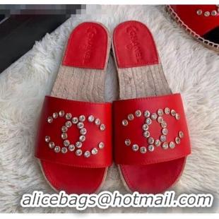 New Style Chanel Leather Crystal CC Slider Espadrilles Sandals C81562 Red 2020