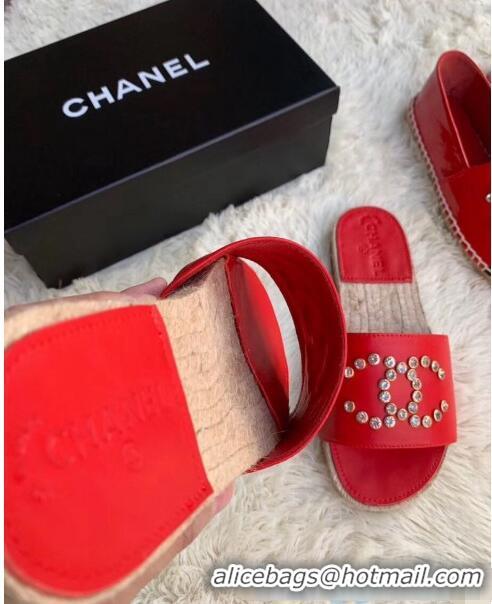 New Style Chanel Leather Crystal CC Slider Espadrilles Sandals C81562 Red 2020