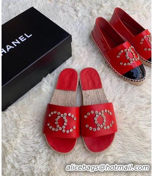 New Style Chanel Leather Crystal CC Slider Espadrilles Sandals C81562 Red 2020