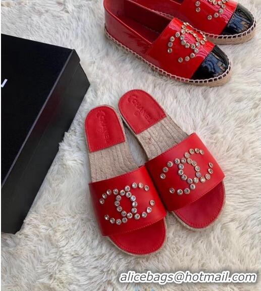 New Style Chanel Leather Crystal CC Slider Espadrilles Sandals C81562 Red 2020