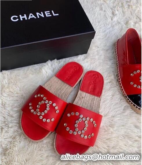 New Style Chanel Leather Crystal CC Slider Espadrilles Sandals C81562 Red 2020