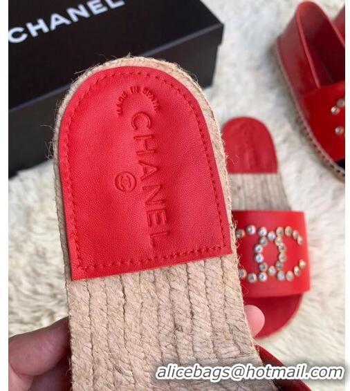 New Style Chanel Leather Crystal CC Slider Espadrilles Sandals C81562 Red 2020