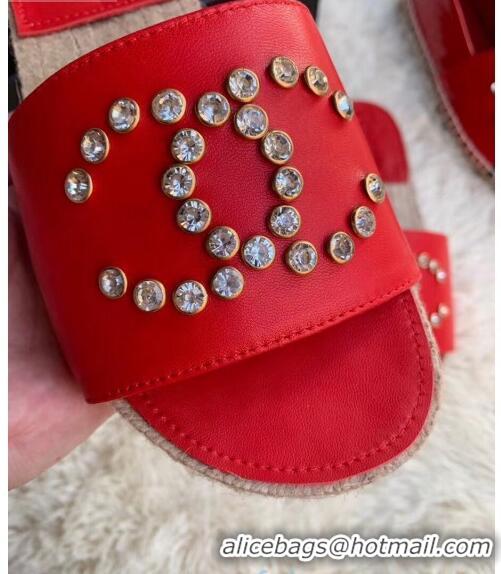 New Style Chanel Leather Crystal CC Slider Espadrilles Sandals C81562 Red 2020