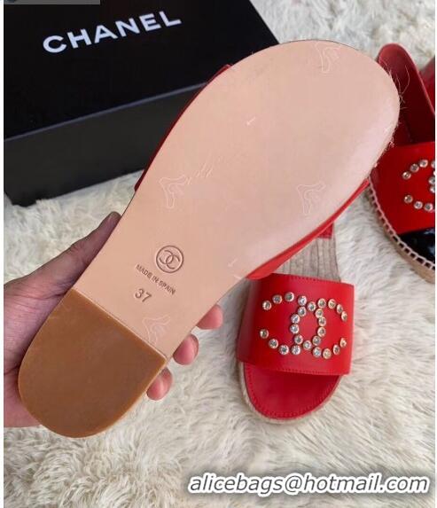 New Style Chanel Leather Crystal CC Slider Espadrilles Sandals C81562 Red 2020