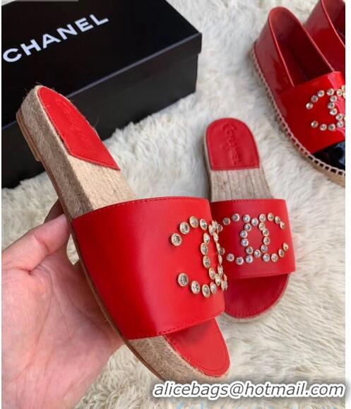 New Style Chanel Leather Crystal CC Slider Espadrilles Sandals C81562 Red 2020