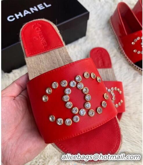 New Style Chanel Leather Crystal CC Slider Espadrilles Sandals C81562 Red 2020