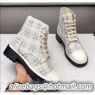 Famous Brand Chanel Tweed Pearl Short Boots G35154 White 2020