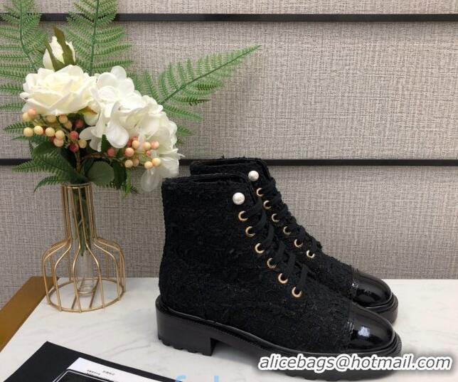 Low Cost Chanel Tweed Pearl Short Boots G35154 Black 2020