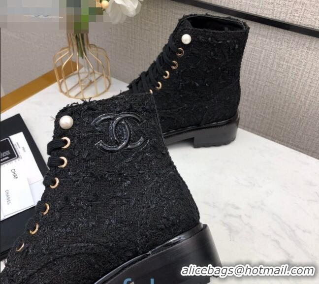 Low Cost Chanel Tweed Pearl Short Boots G35154 Black 2020