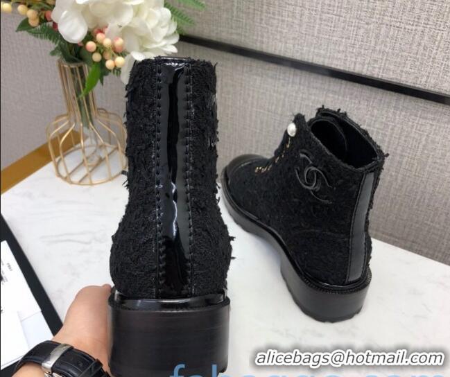 Low Cost Chanel Tweed Pearl Short Boots G35154 Black 2020