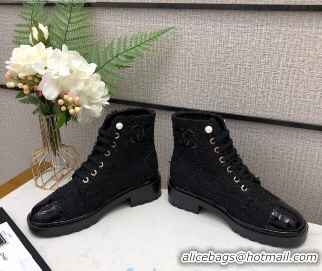 Low Cost Chanel Tweed Pearl Short Boots G35154 Black 2020