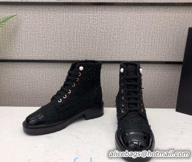 Low Cost Chanel Tweed Pearl Short Boots G35154 Black 2020