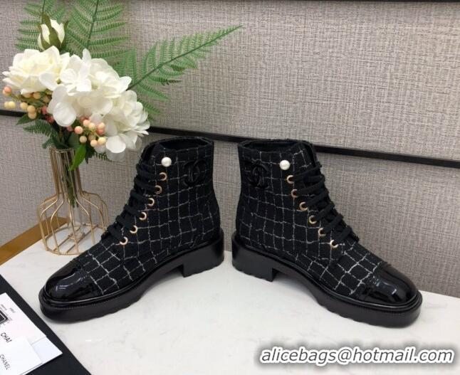 Shop Duplicate Chanel Check Tweed Pearl Short Boots G35154 2020