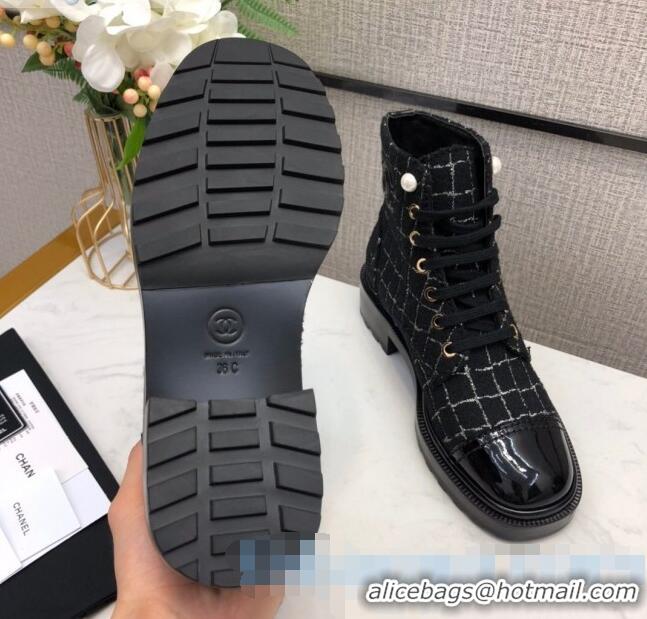 Shop Duplicate Chanel Check Tweed Pearl Short Boots G35154 2020