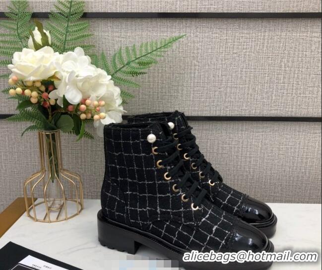 Shop Duplicate Chanel Check Tweed Pearl Short Boots G35154 2020