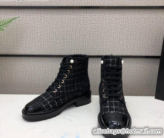 Shop Duplicate Chanel Check Tweed Pearl Short Boots G35154 2020