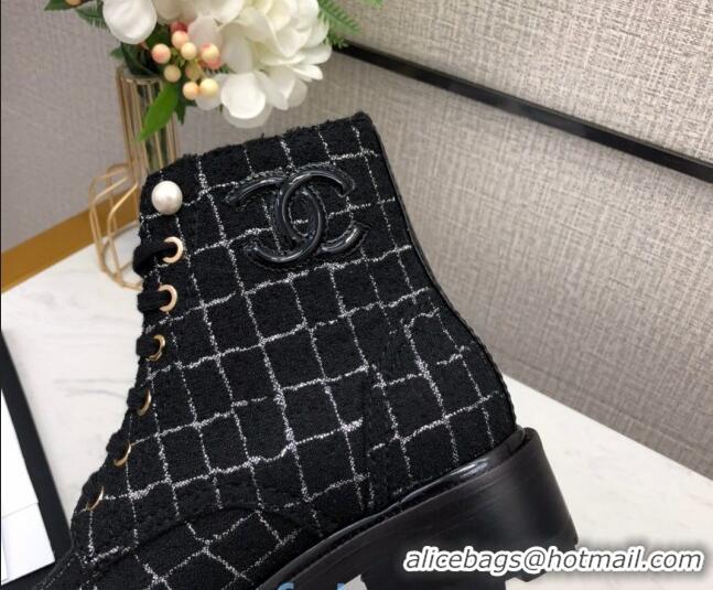 Shop Duplicate Chanel Check Tweed Pearl Short Boots G35154 2020