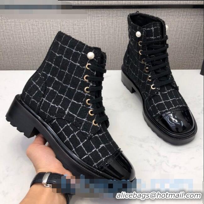 Shop Duplicate Chanel Check Tweed Pearl Short Boots G35154 2020