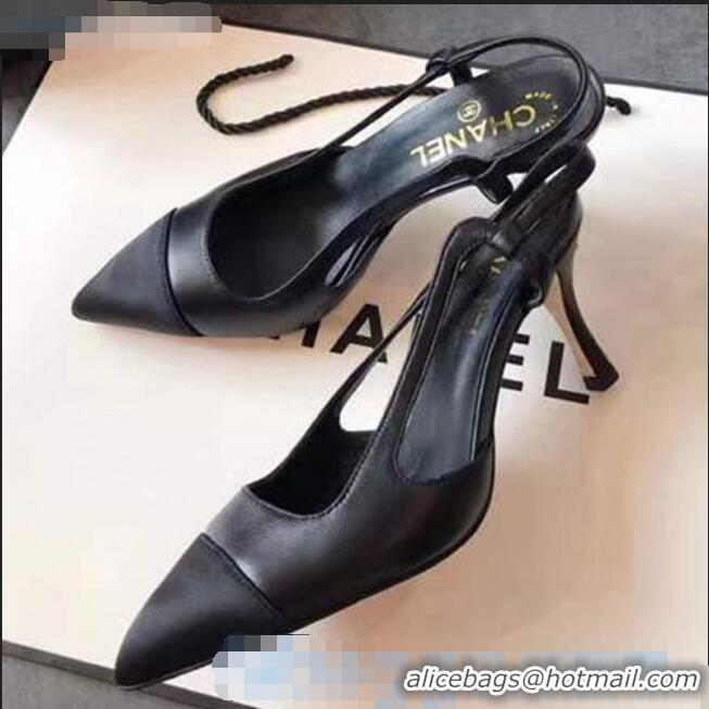 Top Design Chanel Lambskin Medium Heel Slingback Pumps C81804 Black 2020