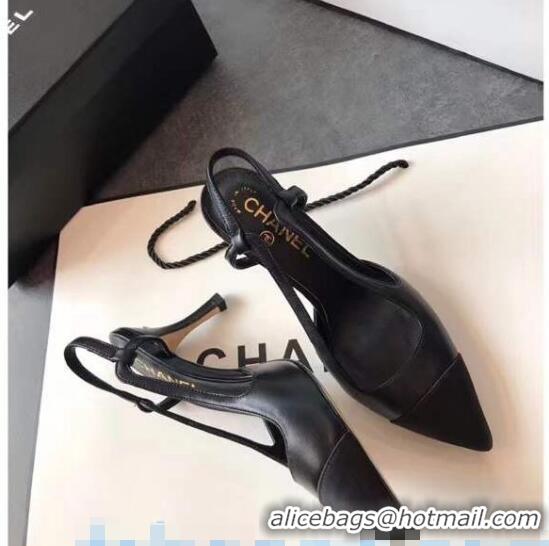 Top Design Chanel Lambskin Medium Heel Slingback Pumps C81804 Black 2020