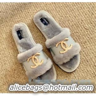 Discount Chanel Wool Leather Flat Slide Sandals C81902 Gray 2020