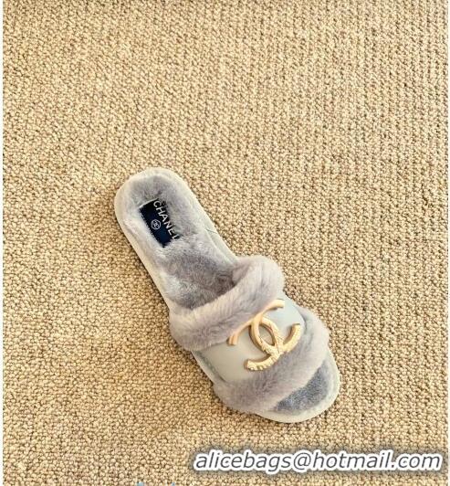 Discount Chanel Wool Leather Flat Slide Sandals C81902 Gray 2020