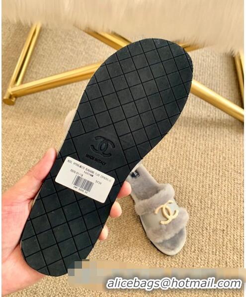 Discount Chanel Wool Leather Flat Slide Sandals C81902 Gray 2020