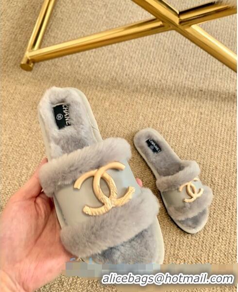 Discount Chanel Wool Leather Flat Slide Sandals C81902 Gray 2020