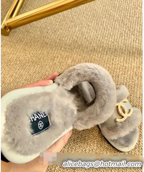 Discount Chanel Wool Leather Flat Slide Sandals C81902 Gray 2020