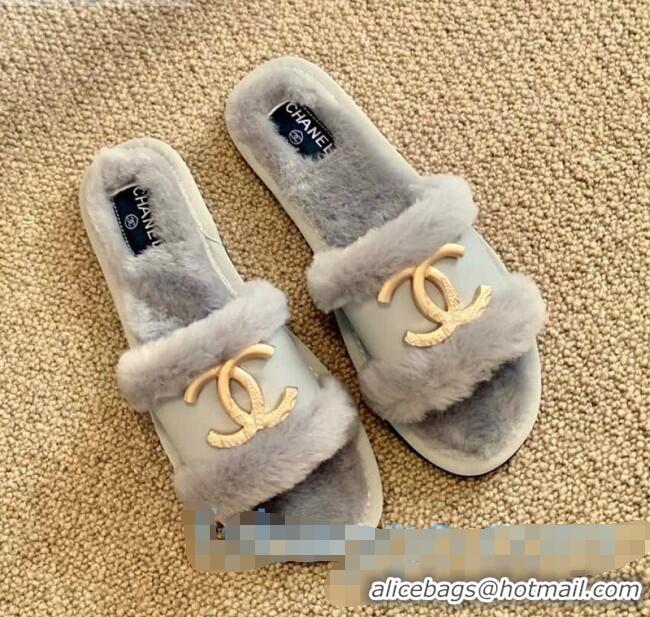 Discount Chanel Wool Leather Flat Slide Sandals C81902 Gray 2020