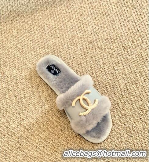 Discount Chanel Wool Leather Flat Slide Sandals C81902 Gray 2020