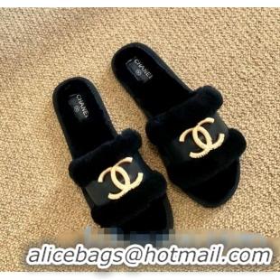 Pretty Style Chanel Wool Leather Flat Slide Sandals C81903 Black 2020