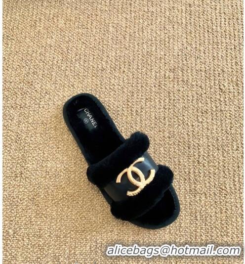 Pretty Style Chanel Wool Leather Flat Slide Sandals C81903 Black 2020