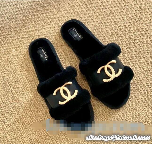 Pretty Style Chanel Wool Leather Flat Slide Sandals C81903 Black 2020