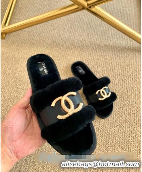 Pretty Style Chanel Wool Leather Flat Slide Sandals C81903 Black 2020