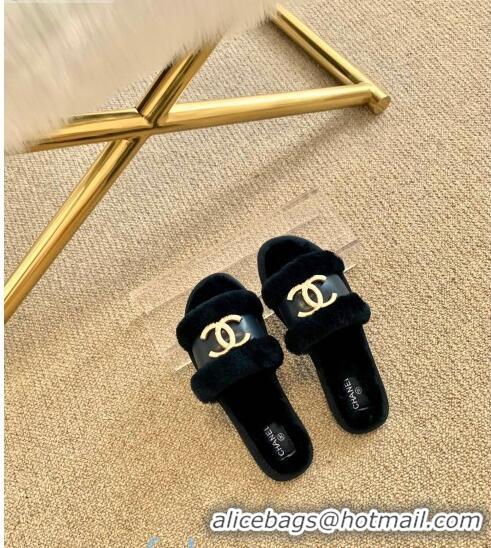 Pretty Style Chanel Wool Leather Flat Slide Sandals C81903 Black 2020