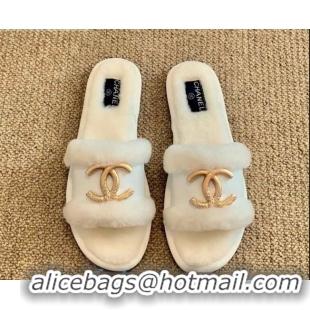 Well Crafted Chanel Wool Leather Flat Slide Sandals C81904 White 2020