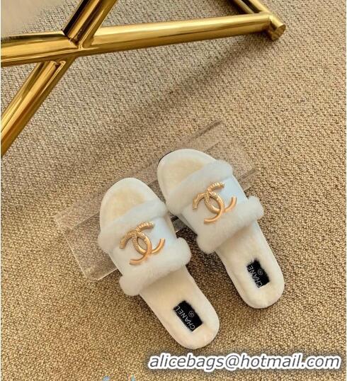 Well Crafted Chanel Wool Leather Flat Slide Sandals C81904 White 2020